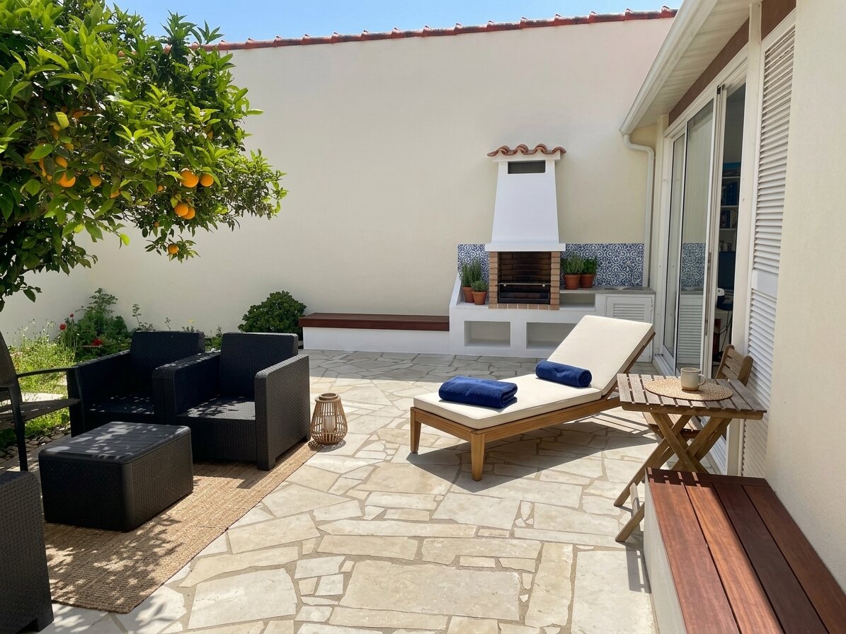 Pátio exterior com churrasqueira e espreguiçadeiras do apartamento T2 em Ofir